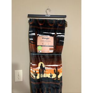 Wrangler Cowboy Riding Horse into Sunset Desert Cactus Twin Size Blanket NWT